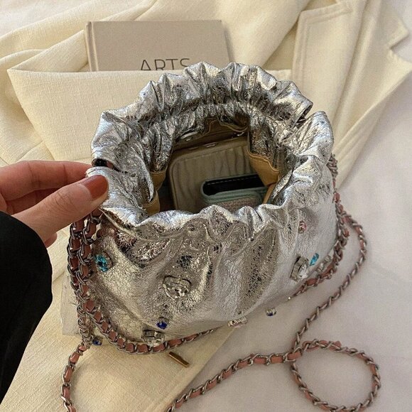 Silver Casual Women's Rhinestone Drawstring Shoulder Bag - Picture 5 of 7